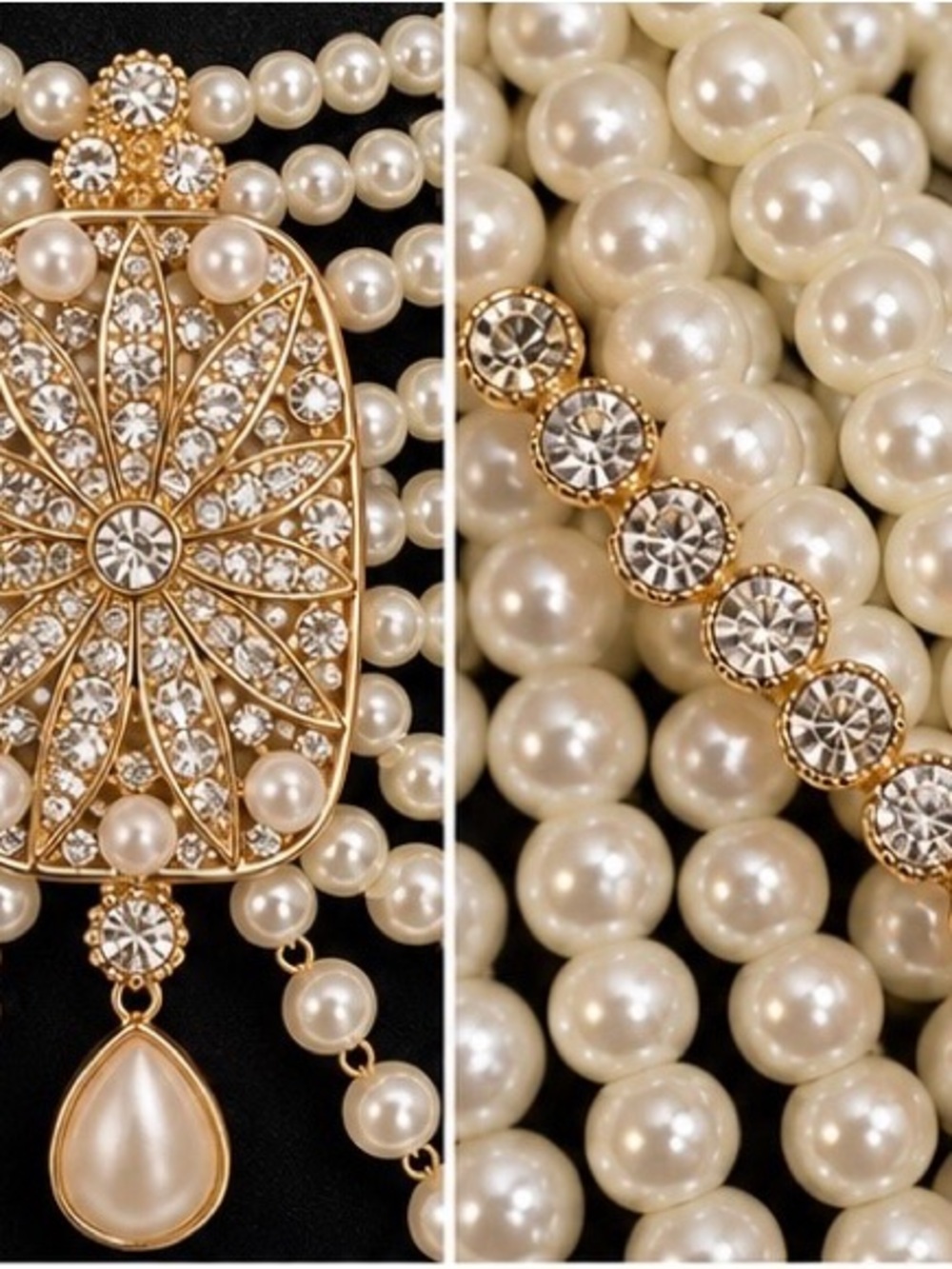 Elegant Multi-Strand Pearl Statement Necklace Gold Tones - Picture 2 of 2
